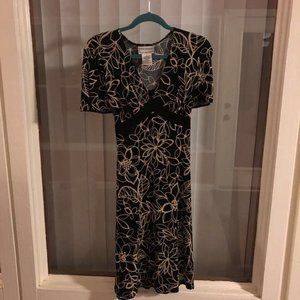 Karin Stevens Womens A Line Dress Black Beige Floral Stretch Tie Back V Neck 8